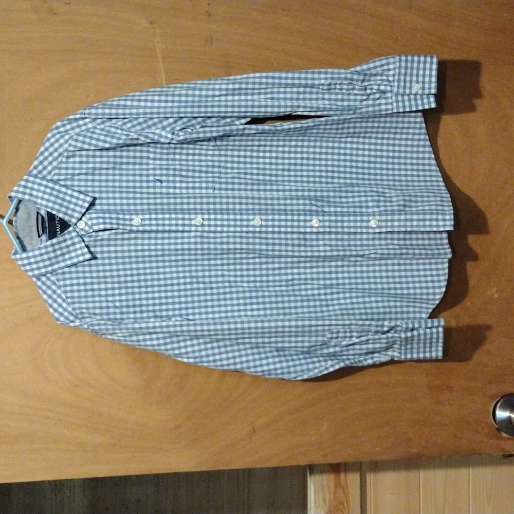 Nautica Stretch Gingham Plaid Button Down Shirt, Cotton, Blue & White, Sz 10-12